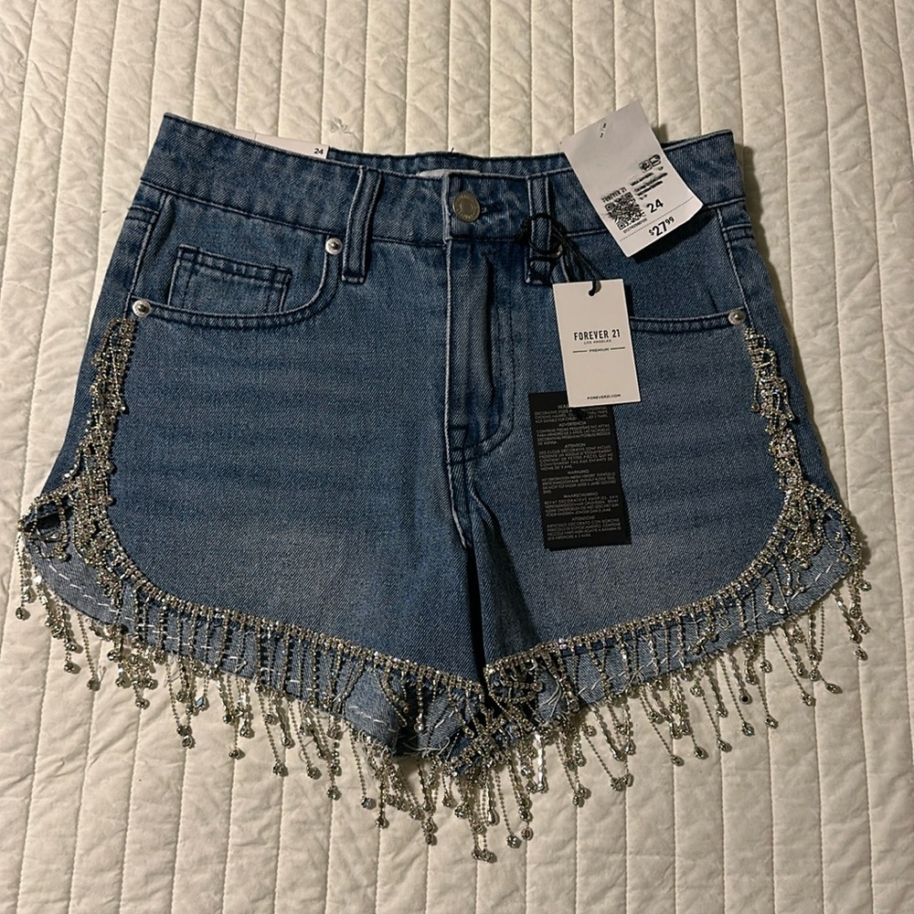 Forever 21 festival Coachella glitter jeweled tassel denim cutoff shorts size 24